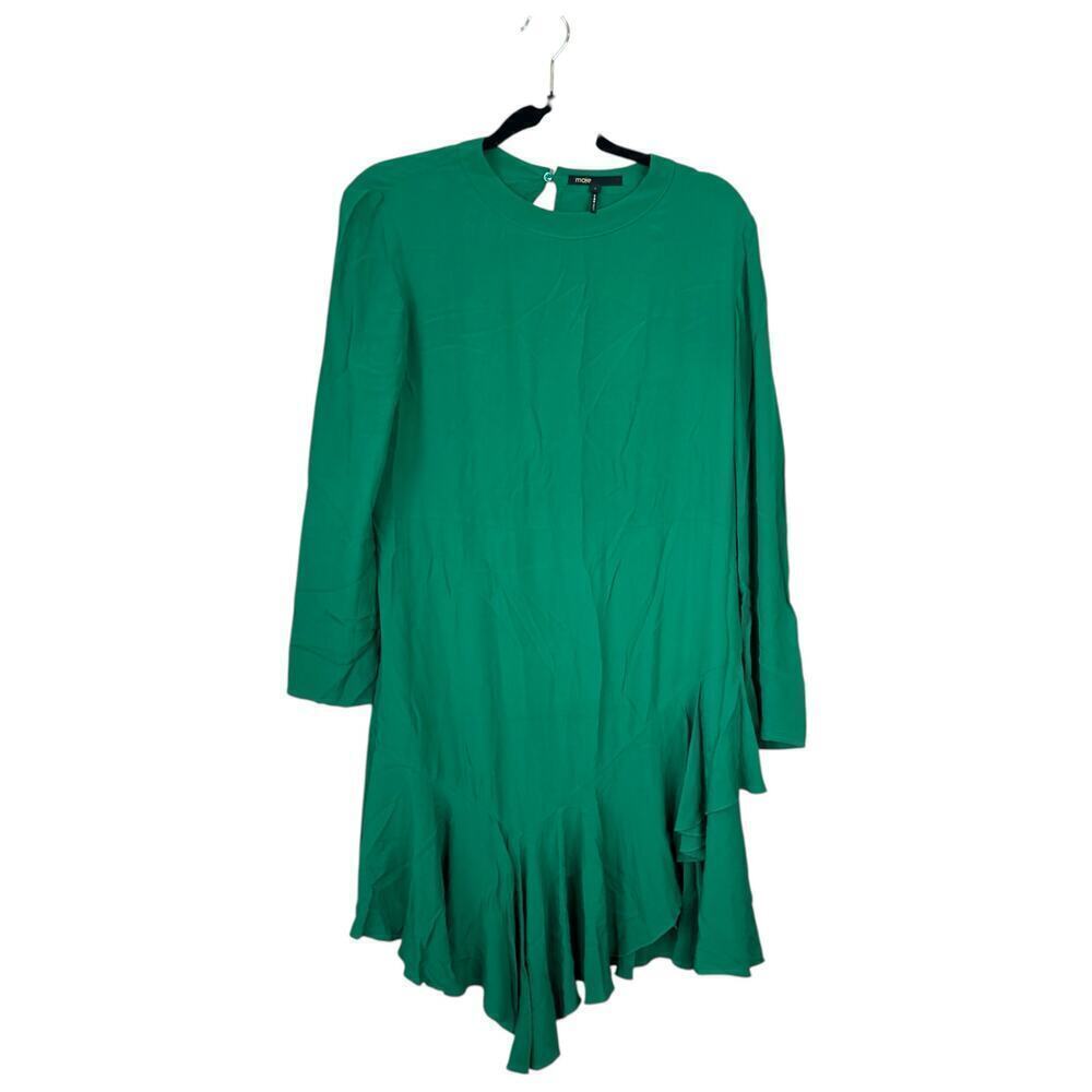 MAJE Romea Belted Asymmetric Ruffled Crepe Dress Green Size Medium